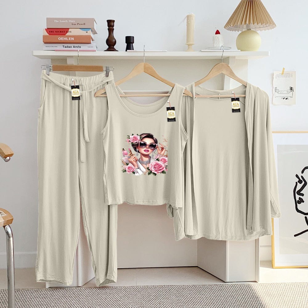 Three Queen ladies night suit with 3-piece inner gown and trousers, shown in a comfortable, stylish sleepwear set.