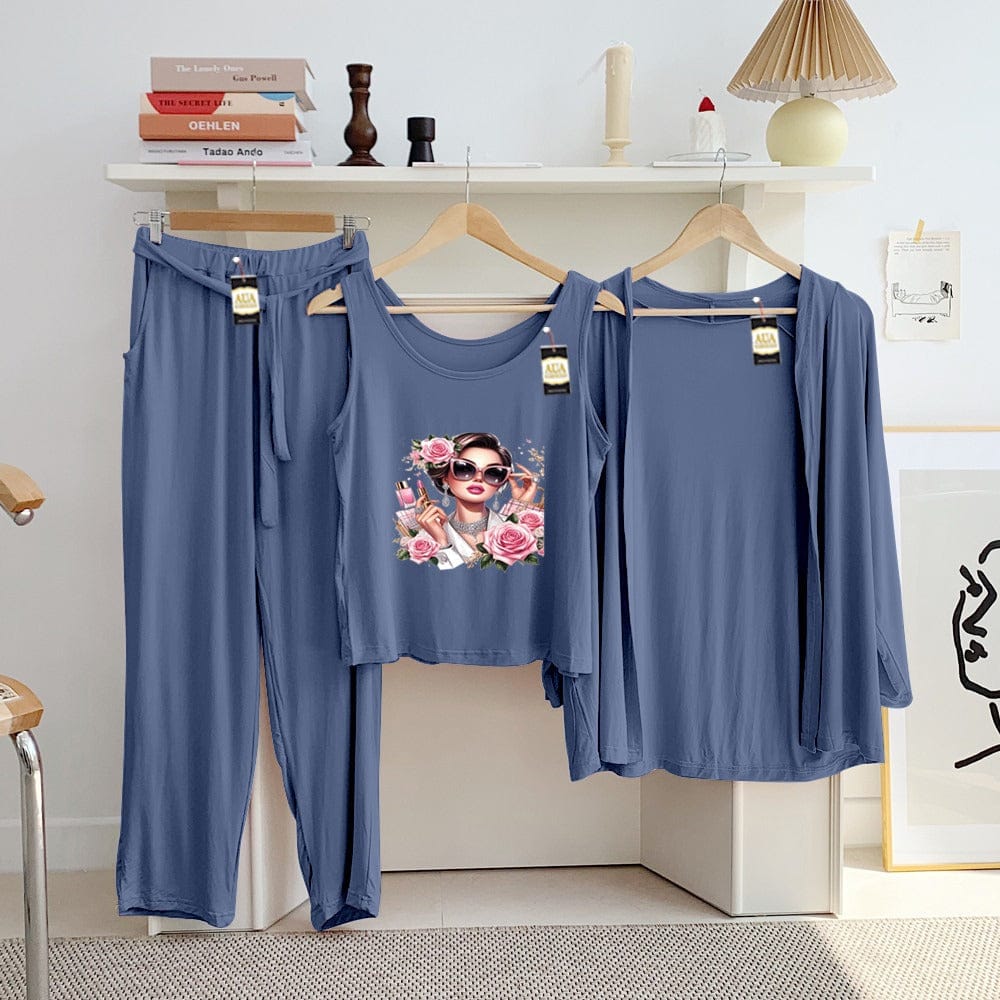 Three Queen ladies' night suit with three-piece inner gown and trousers, shown in soft, comfortable fabric.