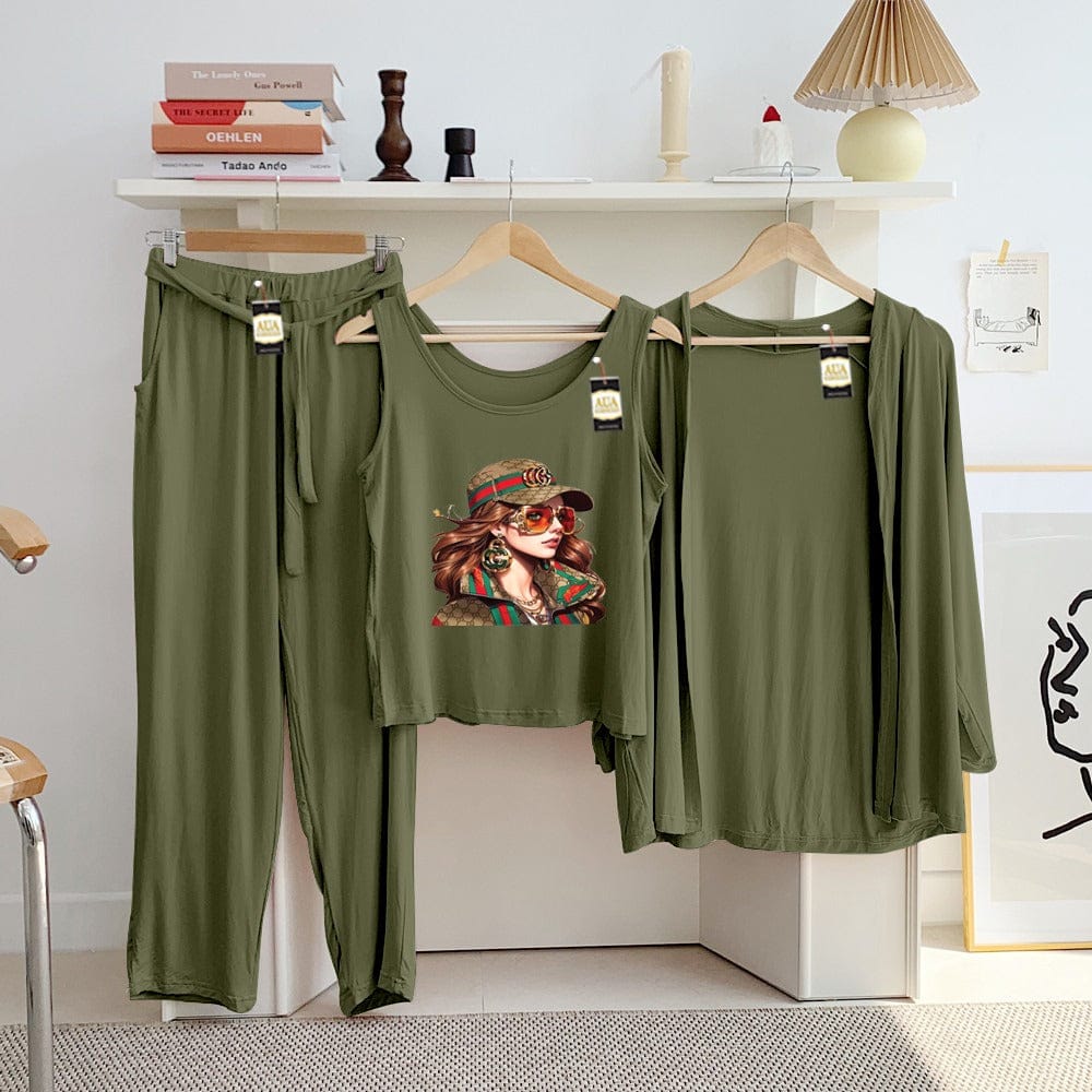 Three Queen ladies night suit with 3-piece inner gown and trousers, featuring comfortable, soft fabric and stylish design.