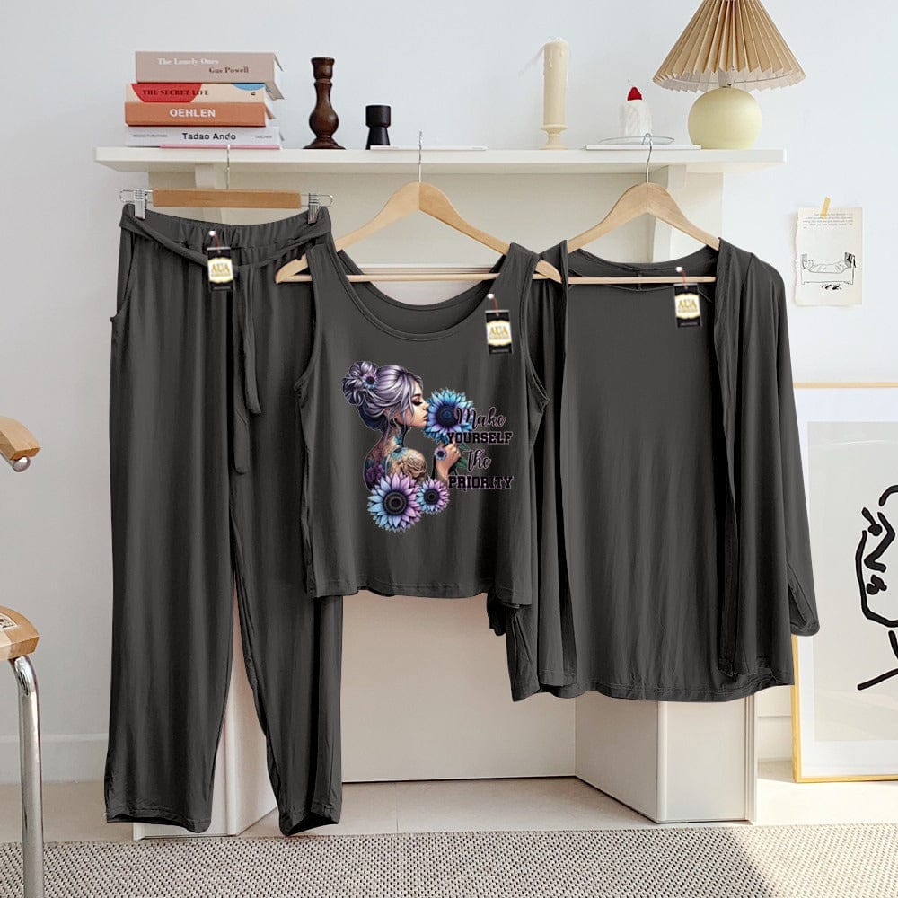 Three Queen ladies night suit with 3-piece inner gown and trousers, featuring soft, comfortable fabric and stylish design.
