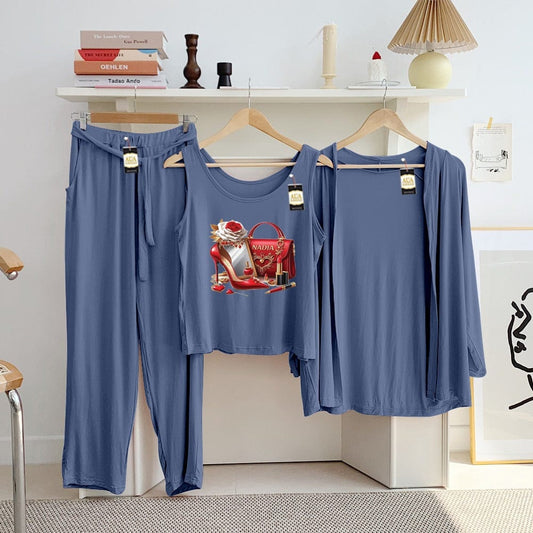 Three Queen ladies night suit with 3-piece inner gown and trousers, featuring comfortable, stylish sleepwear for women.