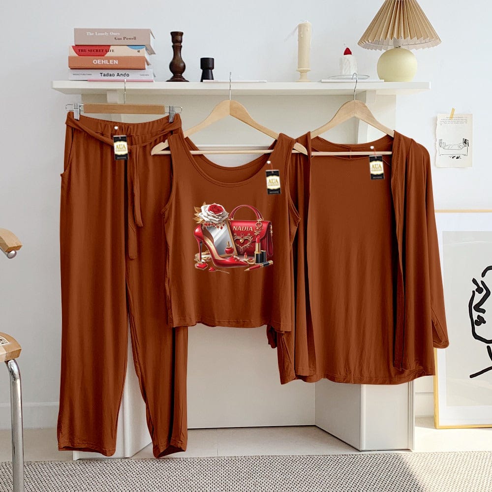 Three Queen ladies' night suit with 3-piece inner gown and trousers, shown in soft, comfortable fabric for relaxed evening wear.