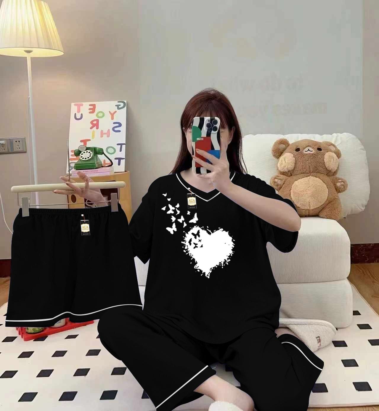 Black 3-piece cami nightwear set for women with elegant white borders by Three Queen, featuring comfortable and stylish sleepwear.