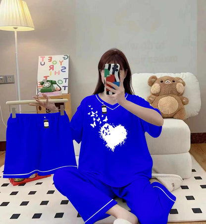 Royal blue 3-piece cami nightwear set for women with elegant white borders, by Three Queen, featuring comfortable sleeveless design.