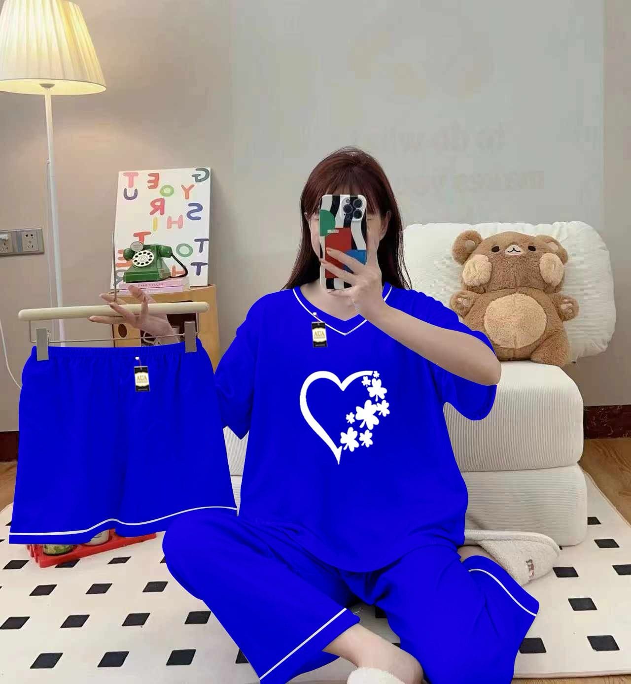 Royal blue 3-piece cami nightwear set for women with elegant white borders by Three Queen, featuring comfortable, stylish sleepwear.