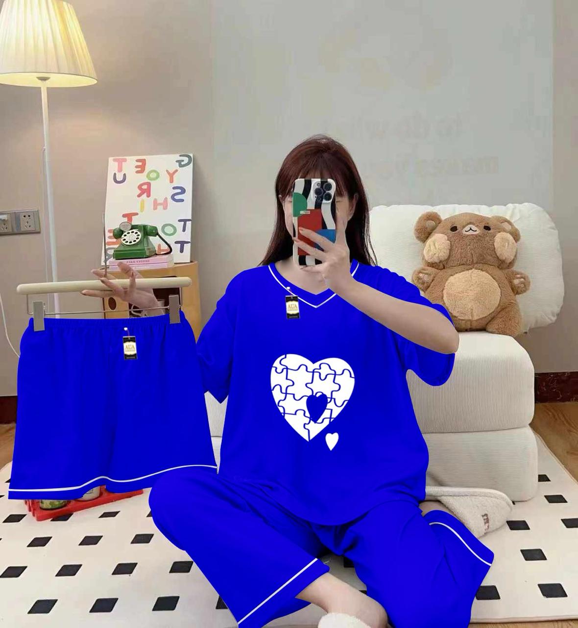 Royal blue 3-piece cami nightwear set for women by Three Queen with elegant white borders, soft fabric, and comfortable fit.