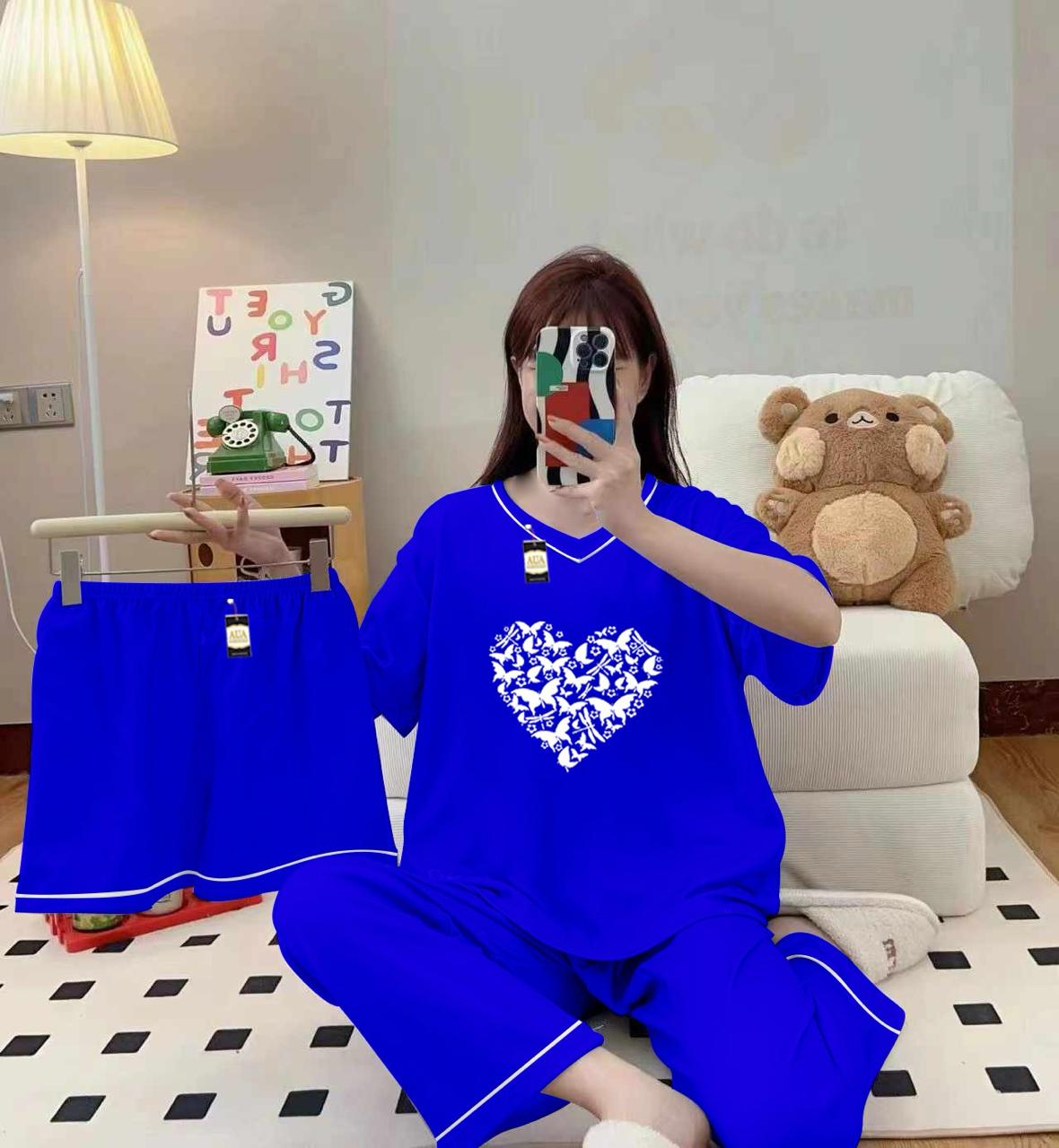 Royal blue 3-piece cami nightwear set for women with elegant white borders by Three Queen, featuring comfortable, stylish sleepwear.