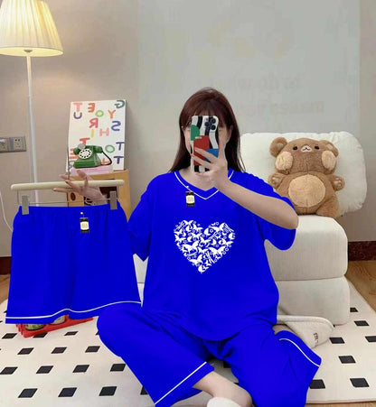 Royal blue 3-piece cami nightwear set for women with elegant white borders by Three Queen, featuring comfortable, stylish sleepwear.