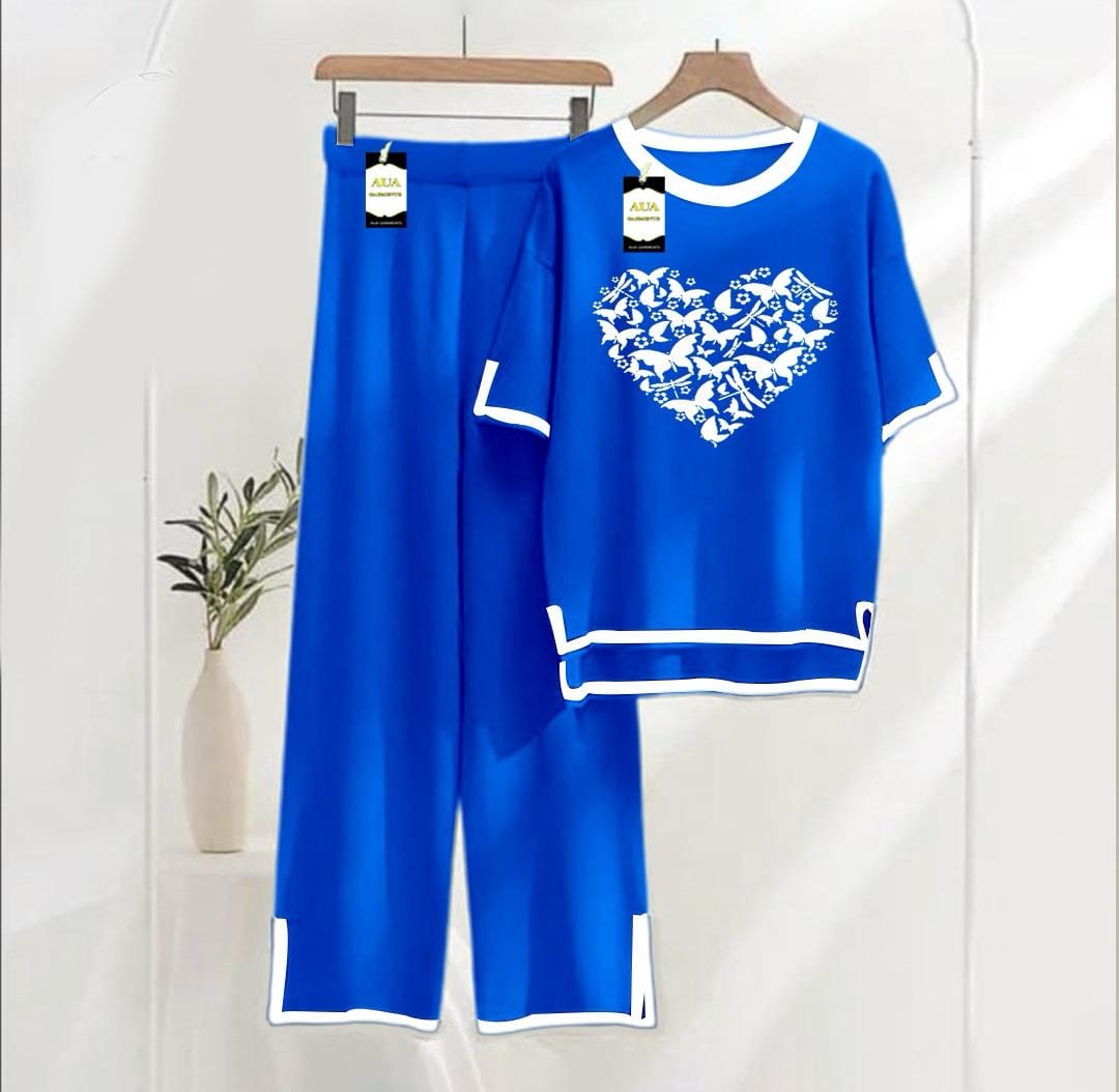 Royal blue printed Turkish winter co-ord set for women, featuring warm loungewear with stylish night wear design by Three Queen.