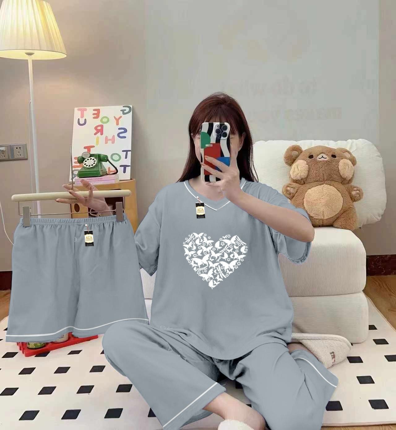 Three Queen 3-piece grey women's cami nightwear set with elegant white borders, soft fabric and comfortable fit.