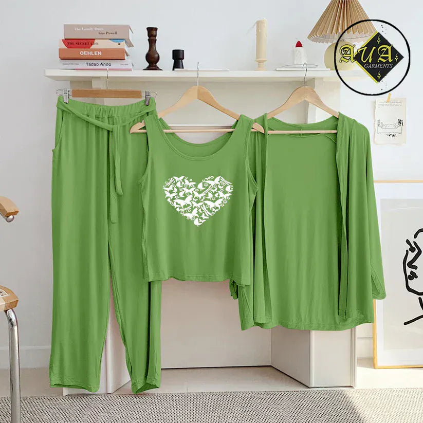 Sea green Three Queen 3-piece women's lounge and sleepwear set, comfortable nightwear with soft fabric and relaxed fit.
