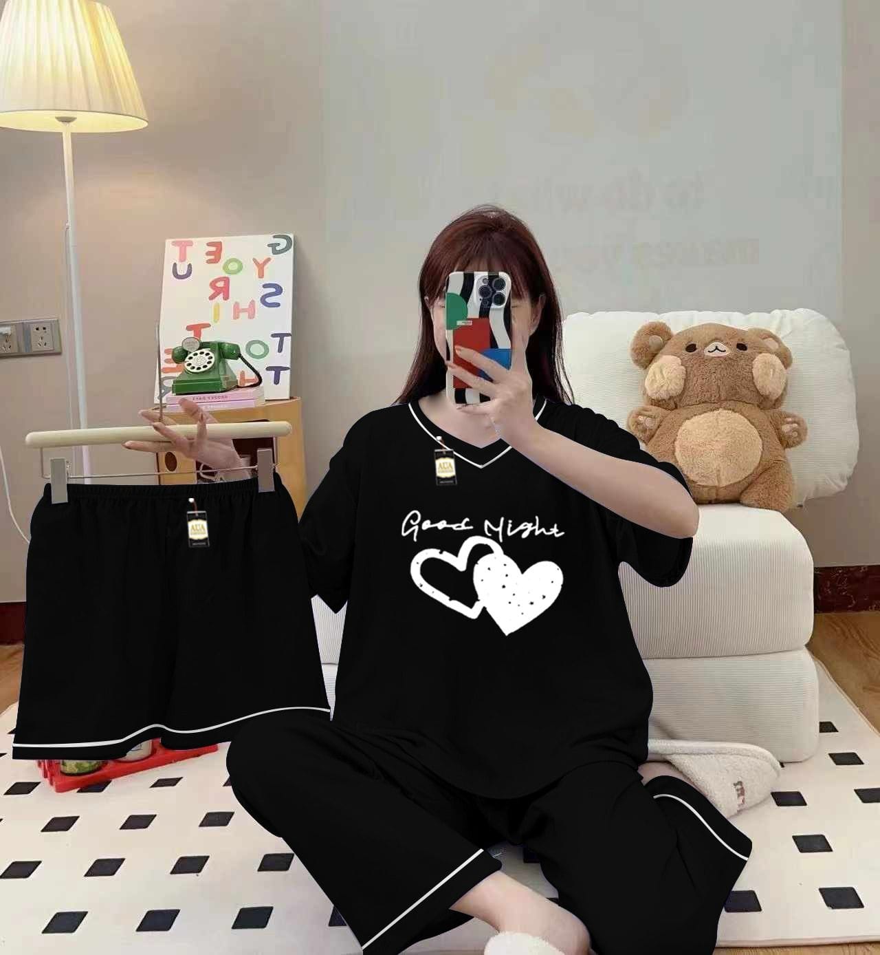 Three Queen black 3-piece cami nightwear set for women with elegant white border detailing, comfortable and stylish sleepwear.