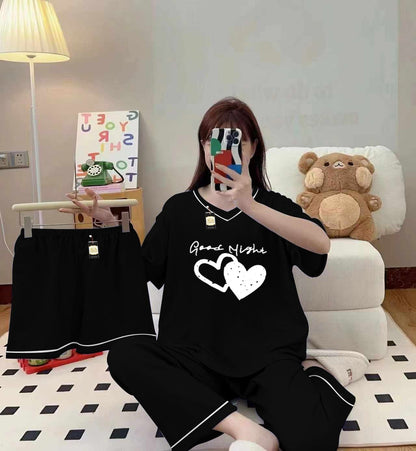 Three Queen black 3-piece cami nightwear set for women with elegant white border detailing, comfortable and stylish sleepwear.