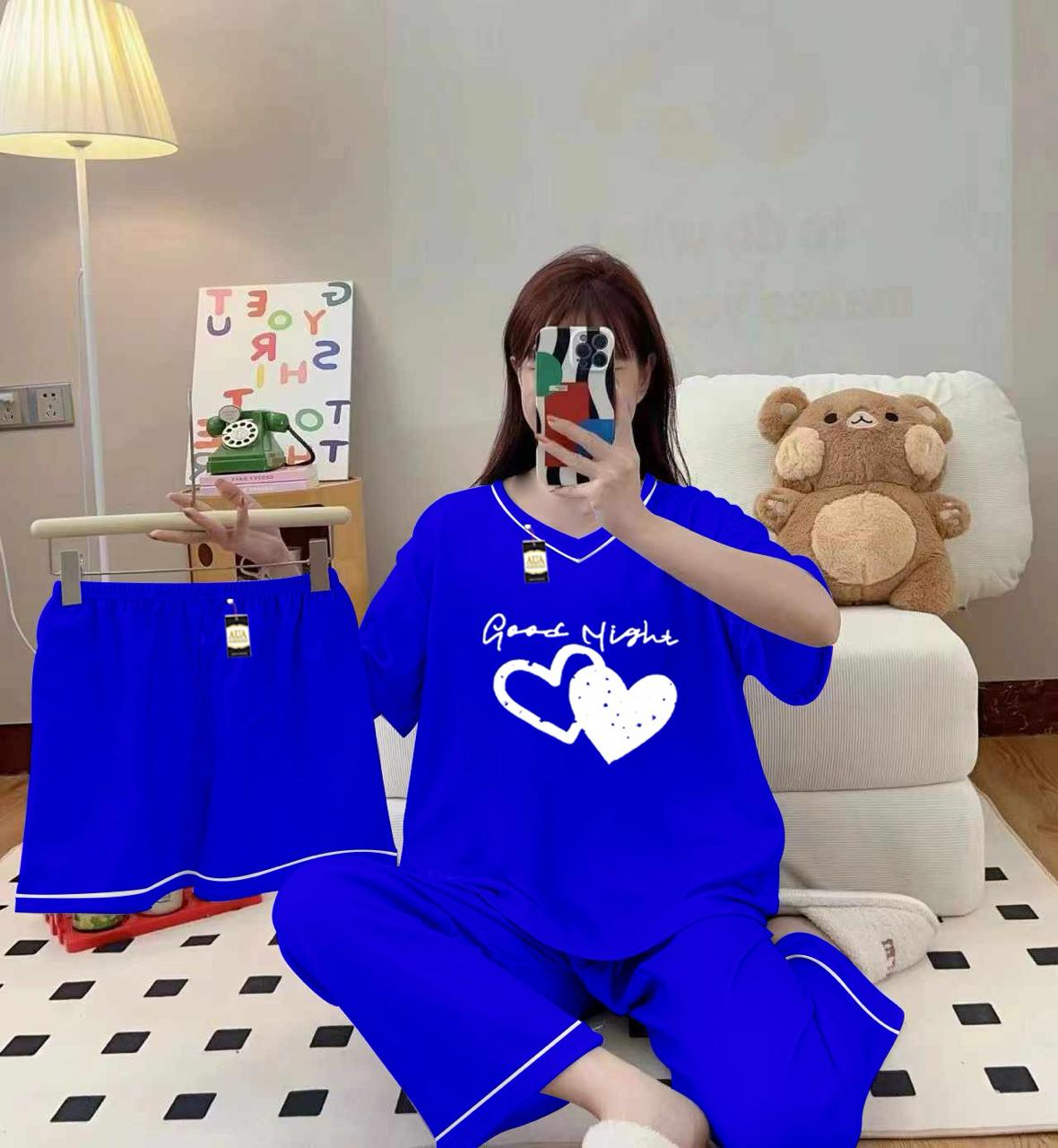 Royal blue 3-piece cami nightwear set for women with elegant white borders, by Three Queen, featuring comfortable and stylish sleepwear.
