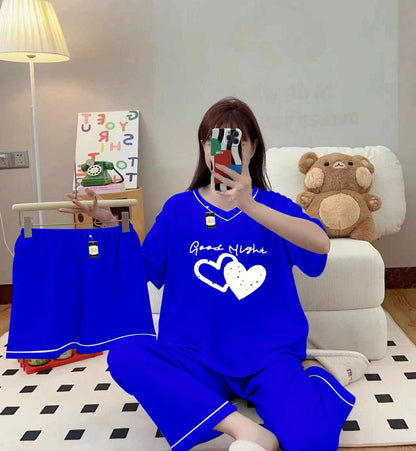 Royal blue 3-piece cami nightwear set for women with elegant white borders, by Three Queen, featuring comfortable and stylish sleepwear.