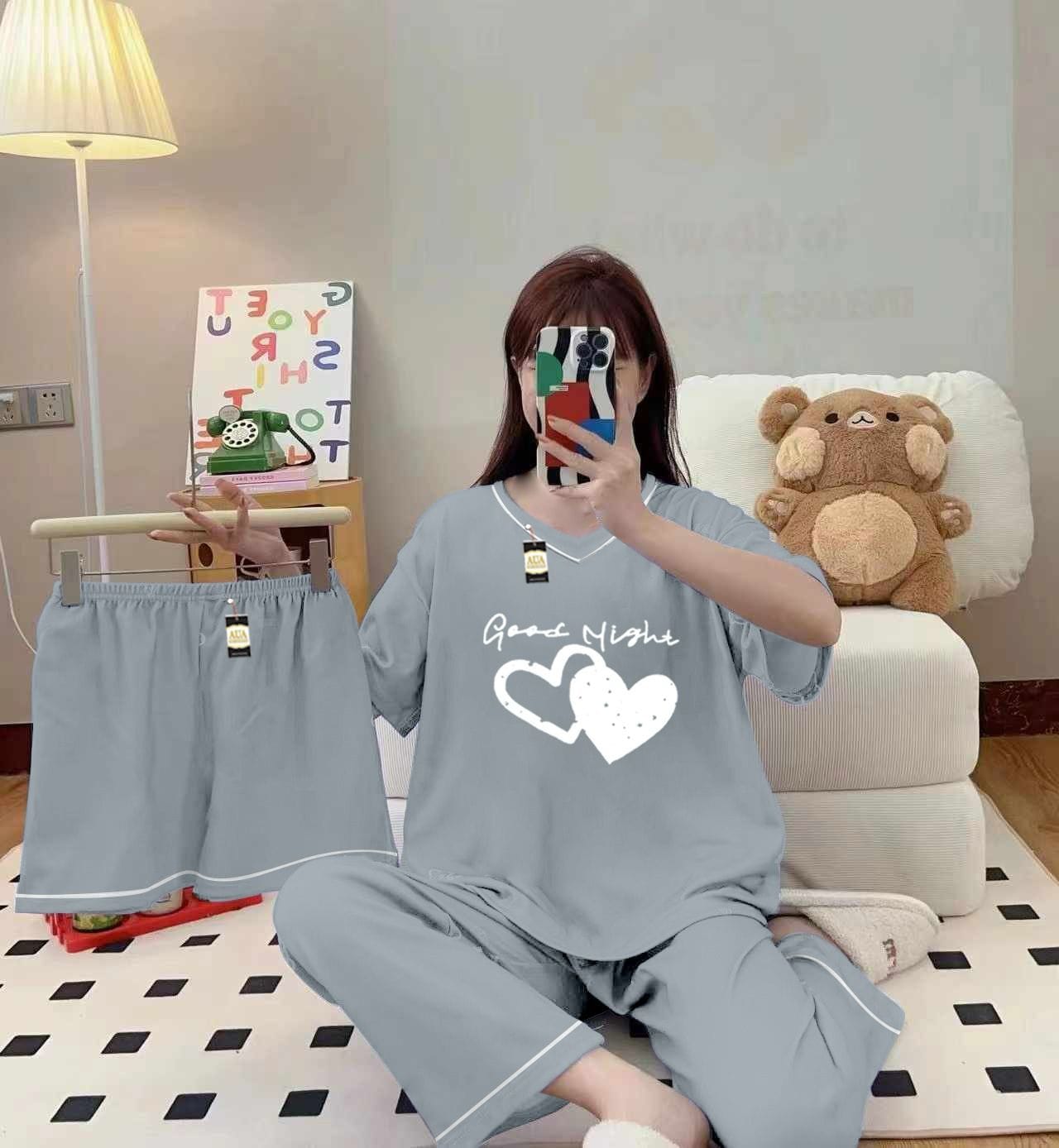 Grey 3-piece cami nightwear set for women with elegant white borders, featuring comfortable fabric and stylish design by Three Queen.