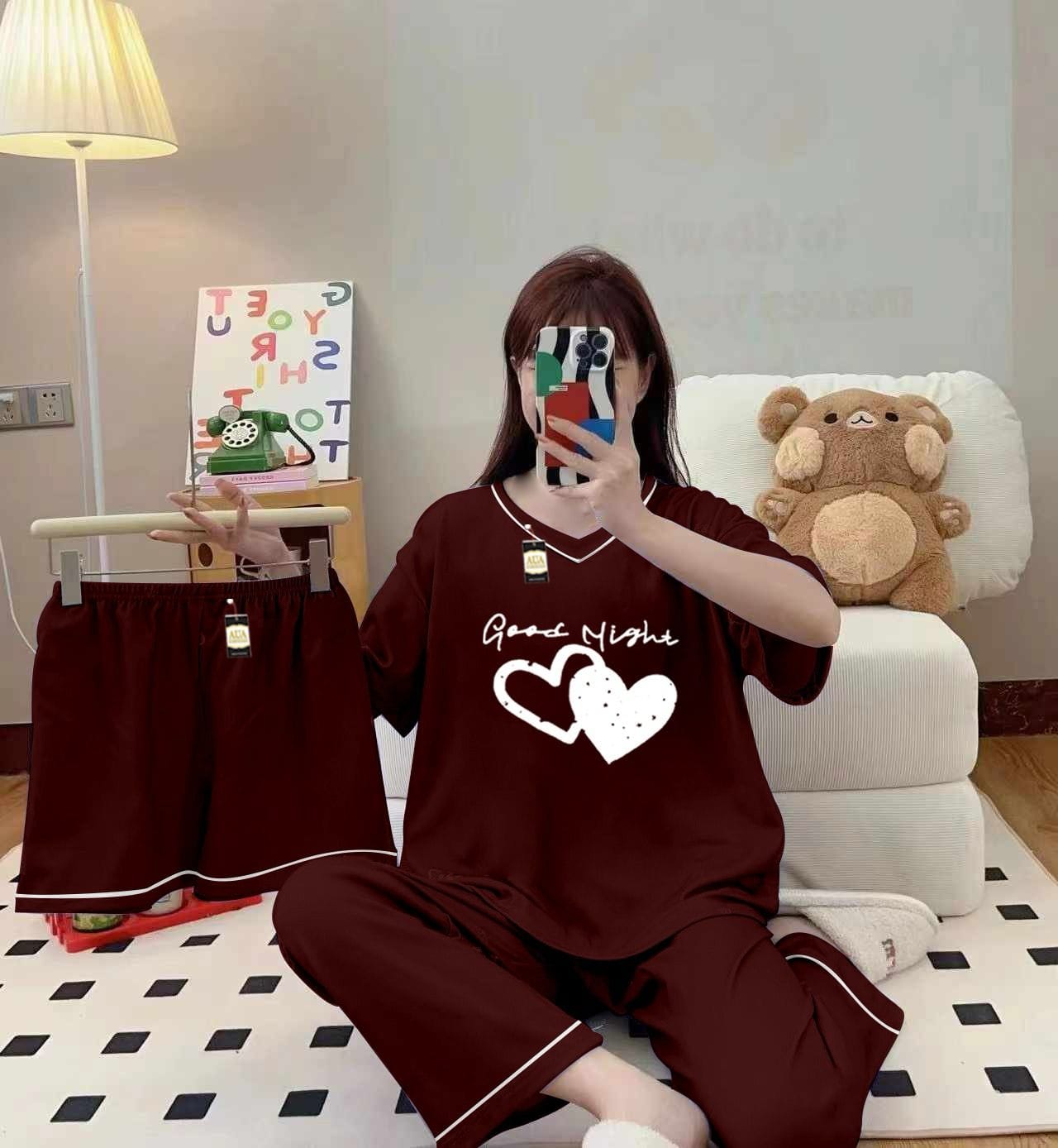 Three Queen maroon 3-piece cami nightwear set for women with elegant white border details, comfortable and stylish sleepwear.