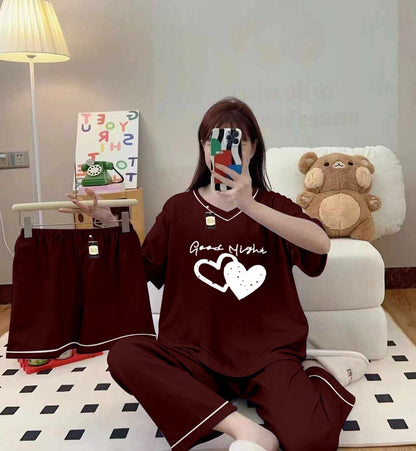 Three Queen maroon 3-piece cami nightwear set for women with elegant white border details, comfortable and stylish sleepwear.