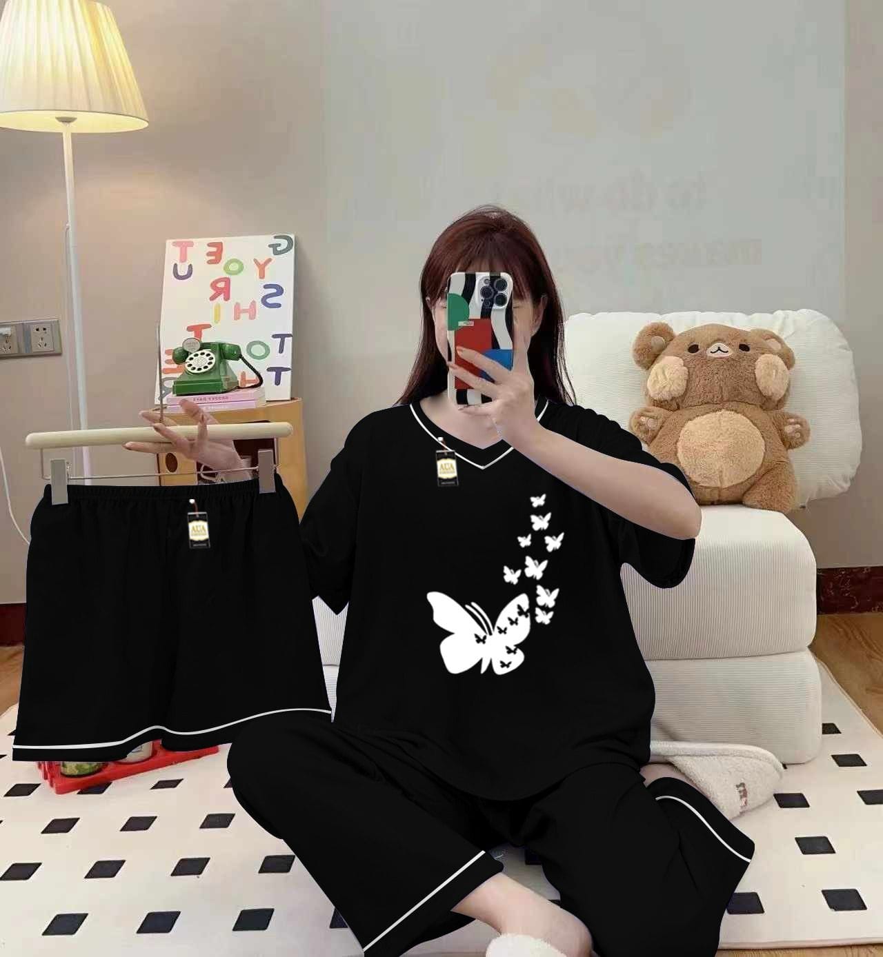 Black 3-piece cami nightwear set for women with elegant white borders, by Three Queen, featuring comfortable sleepwear design.