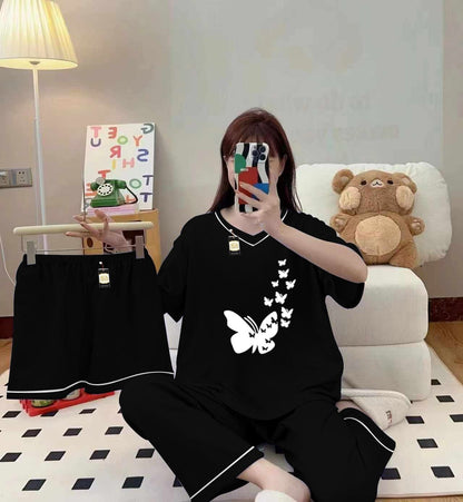 Black 3-piece cami nightwear set for women with elegant white borders, by Three Queen, featuring comfortable sleepwear design.