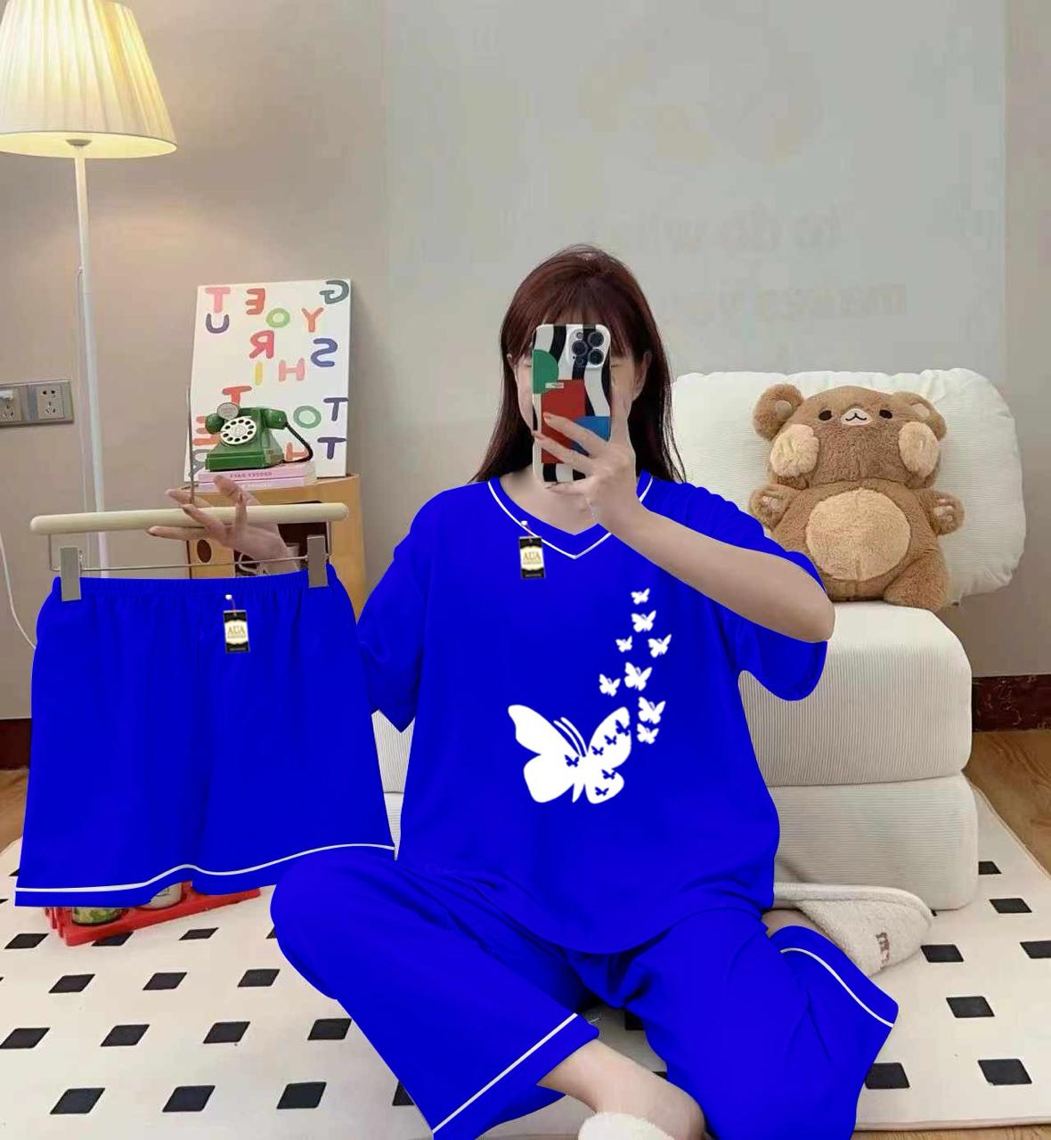 Royal blue 3-piece cami nightwear set for women by Three Queen with elegant white borders, featuring comfortable and stylish sleepwear.