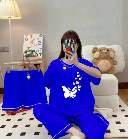 Royal blue 3-piece cami nightwear set for women by Three Queen with elegant white borders, featuring comfortable and stylish sleepwear.