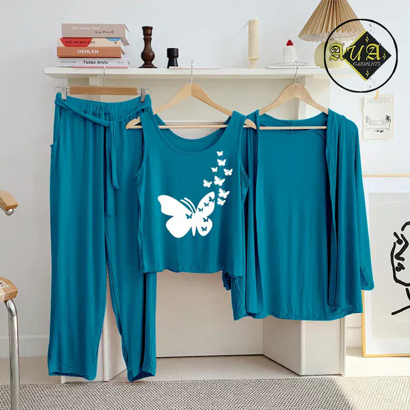 Aqua blue three-piece women's lounge sleepwear set by Three Queen, featuring comfortable nightwear with a relaxed fit.