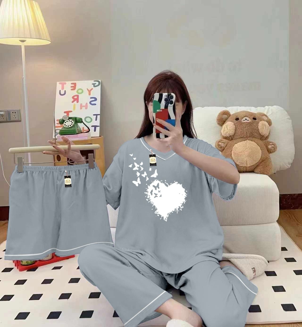 Grey 3-piece women's cami nightwear set with elegant white borders from Three Queen, featuring comfortable, stylish sleepwear.