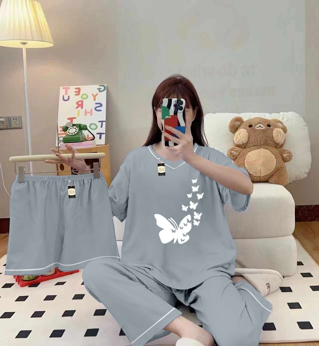 Three Queen women's 3-piece cami nightwear set in grey with elegant white borders, soft and comfortable sleepwear for women
