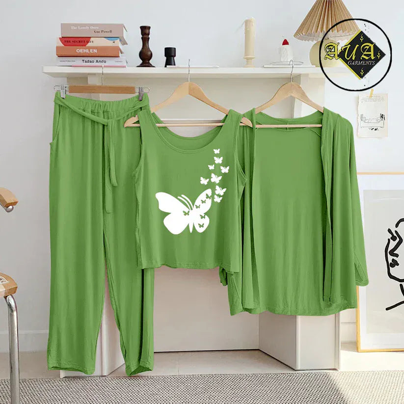 Sea green three-piece women's lounge and sleepwear set by Three Queen, featuring comfortable nightwear for relaxing nights.