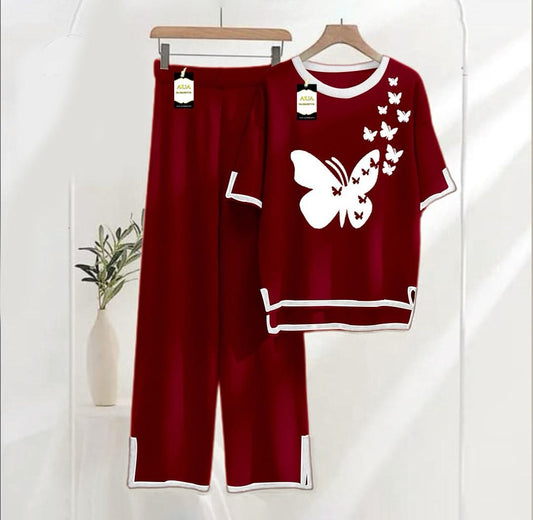 Maroon Turkish winter co-ord set for women, warm and stylish loungewear by Three Queen, featuring comfortable nightwear design.