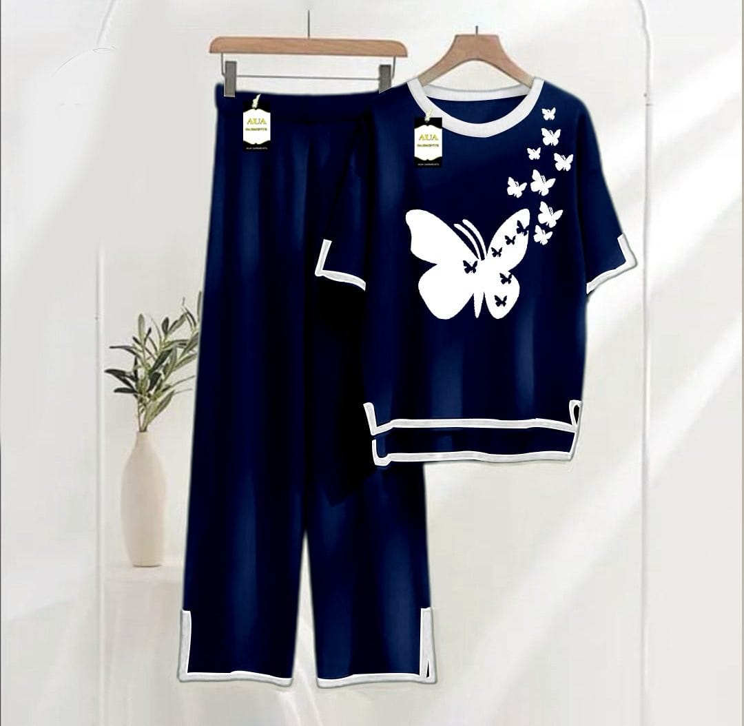 Navy printed Turkish winter co-ord set for women, stylish loungewear with warm fabric, featuring a nightwear design from Three Queen.