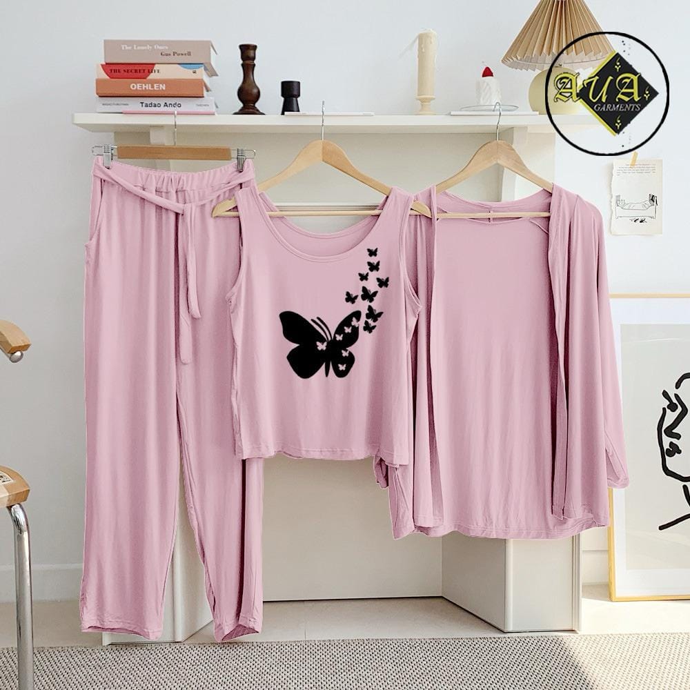 Pink three-piece lounge wear nightwear set for women by Three Queen, featuring comfortable sleepwear with soft fabric and relaxed fit.