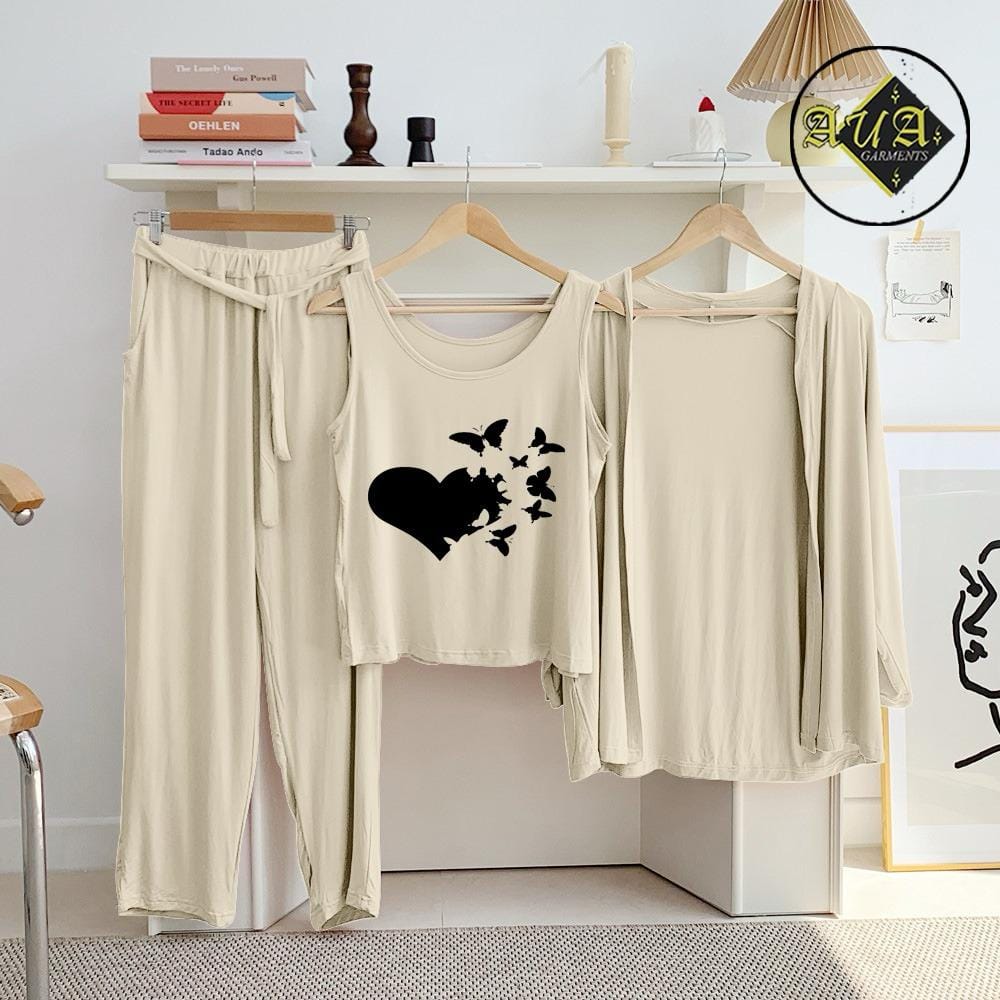 Three Queen beige 3-piece women's lounge wear and sleepwear set, featuring comfortable nightwear fabric and relaxed fit.