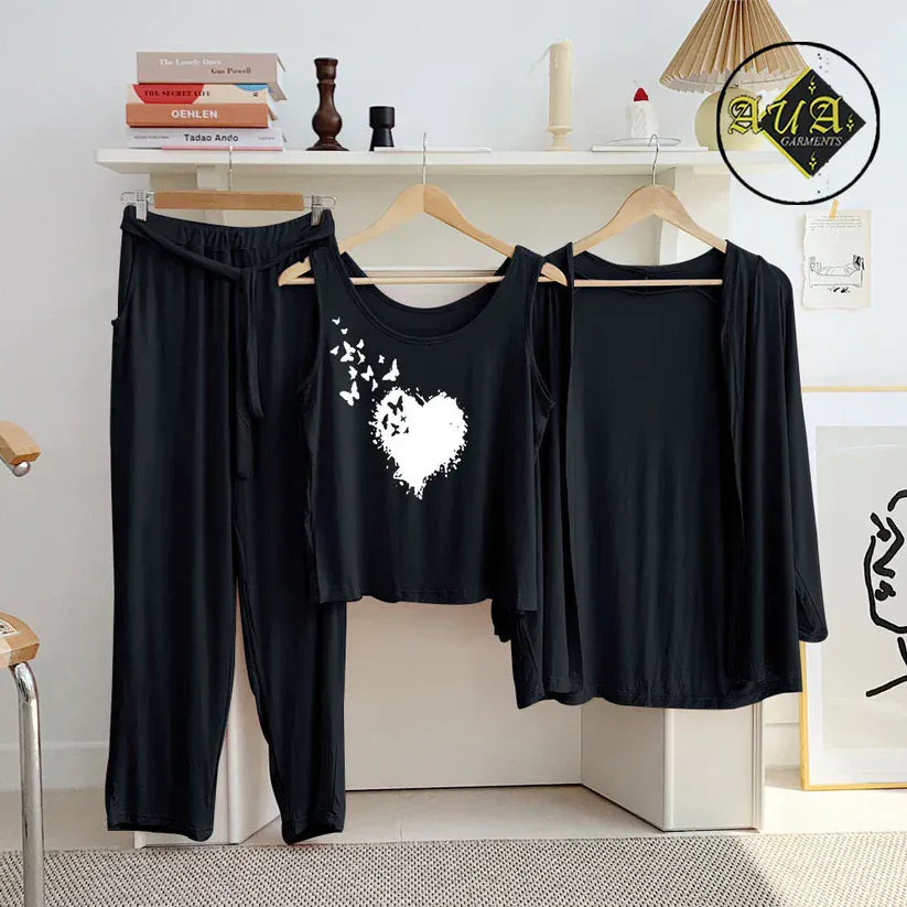 Black three-piece women's lounge and sleepwear set by Three Queen, featuring comfortable nightwear for relaxing nights.