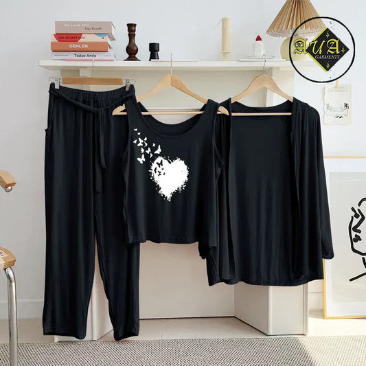 Black three-piece women's lounge and sleepwear set by Three Queen, featuring comfortable nightwear for relaxing nights.
