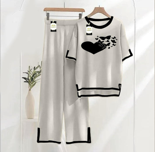Grey printed Turkish winter co-ord set for women, warm and stylish nightwear from Three Queen, featuring a comfortable loungewear design.
