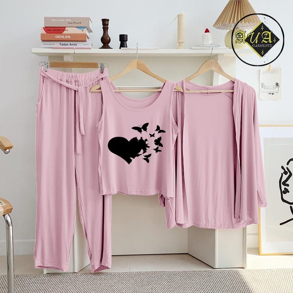 Pink 3-piece women's lounge wear set from Three Queen, featuring comfortable nightwear and sleepwear for relaxed nights.