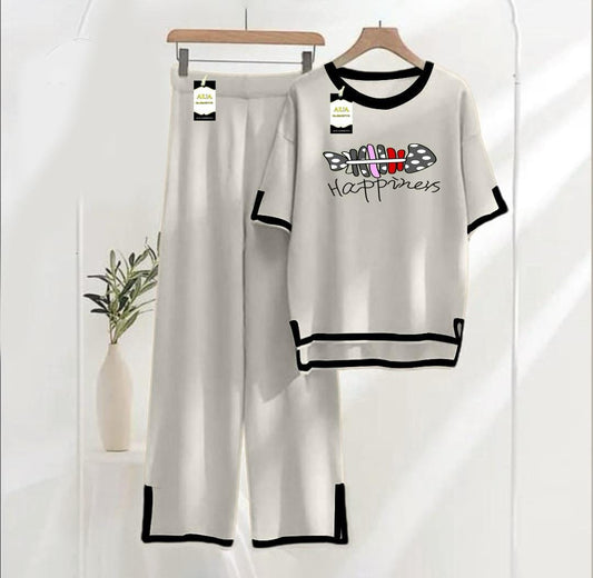 Grey Printed Turkish winter co-ord set for women, stylish loungewear and night wear by Three Queen, featuring warm, comfortable fabric.