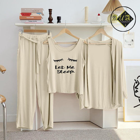 Three Queen beige 3-piece women's lounge wear and sleepwear set, comfortable nightwear for relaxing at home