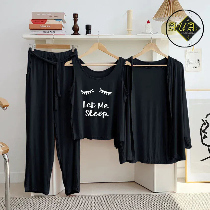 Three Queen black women's 3-piece lounge and sleepwear set, comfortable nightwear with relaxed fit and soft fabric.