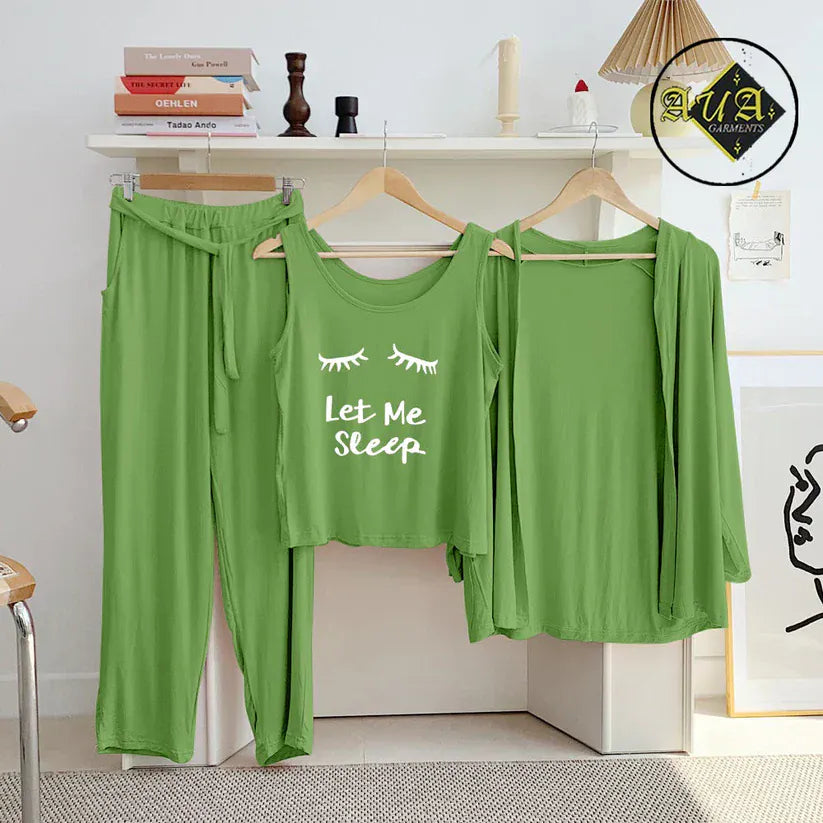 Sea green three-piece women's lounge wear and sleepwear set by Three Queen, featuring comfortable nightwear for relaxed evenings.