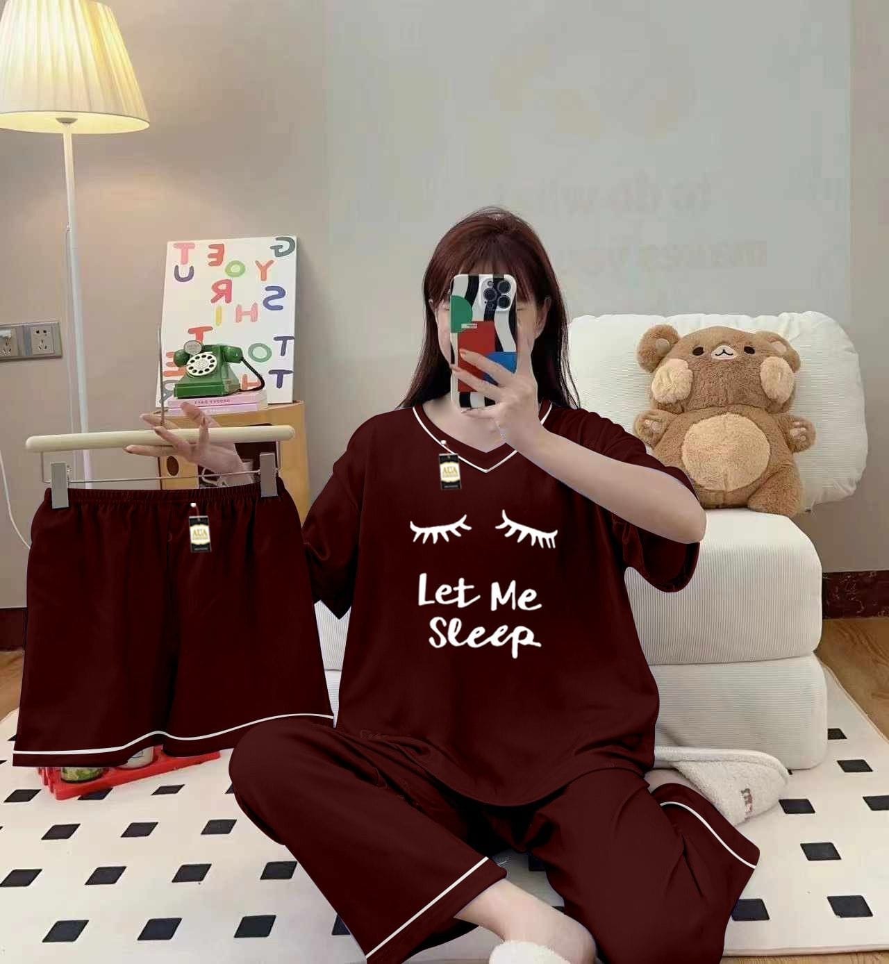 Three Queen maroon 3-piece cami nightwear set for women with elegant white borders, featuring comfortable, stylish sleepwear.