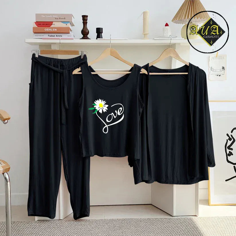 Black three-piece women's lounge wear nightwear set by Three Queen, featuring comfortable sleepwear for relaxed nights.