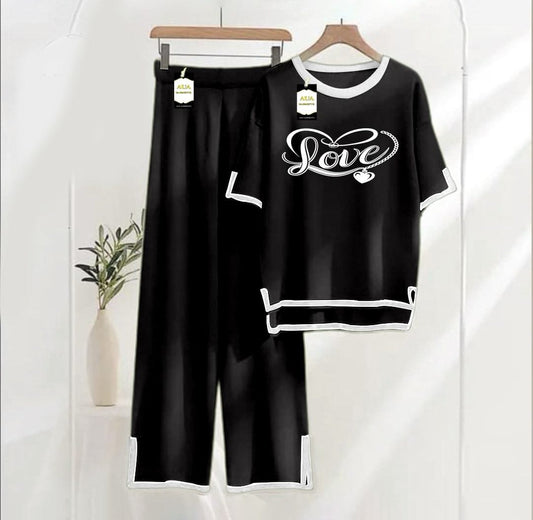 Black printed Turkish summer co-ord set for women, stylish loungewear with nightwear design, by Three Queen.