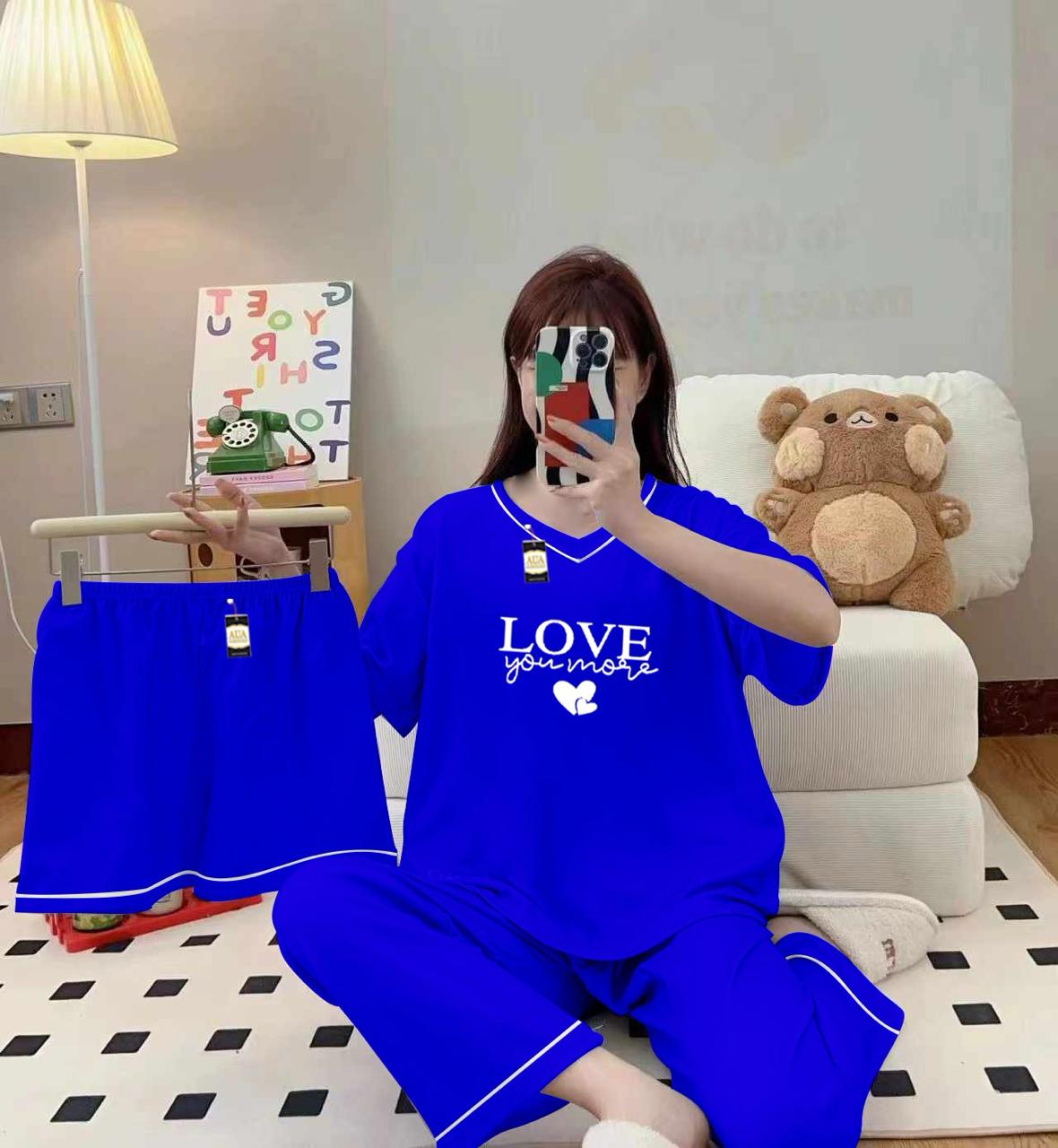 Royal blue 3-piece cami nightwear set for women with elegant white borders, by Three Queen, featuring comfortable sleepwear design.