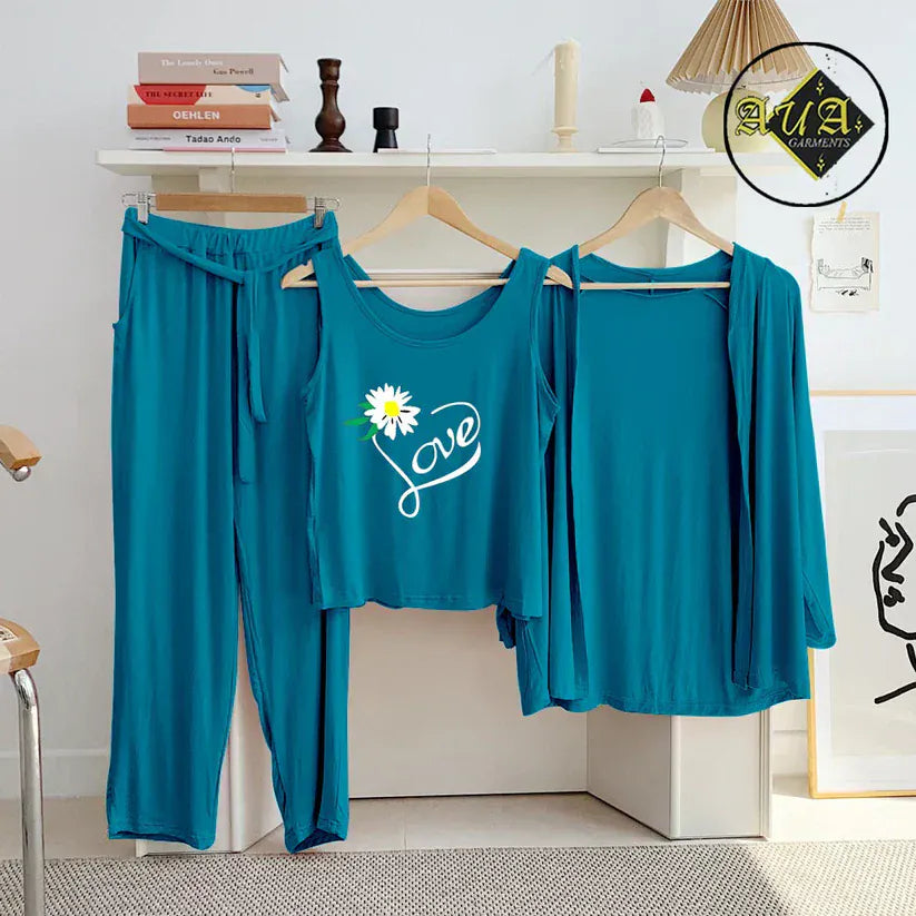 Aqua blue three-piece women's lounge and sleepwear set by Three Queen featuring comfortable nightwear for relaxing at home.