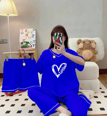 Royal blue 3-piece cami nightwear set for women with elegant white borders, by Three Queen, featuring comfortable sleepwear design.