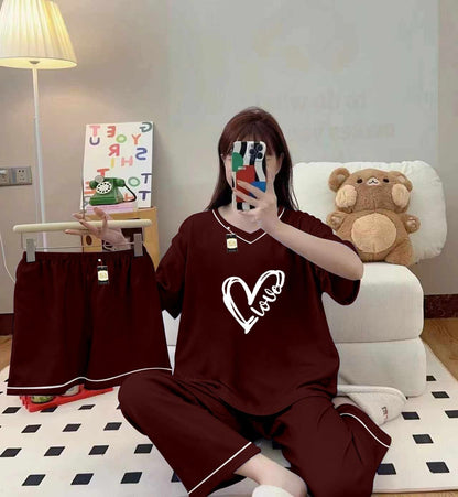 Three Queen maroon 3-piece cami nightwear set for women with elegant white border details, comfortable and stylish sleepwear.