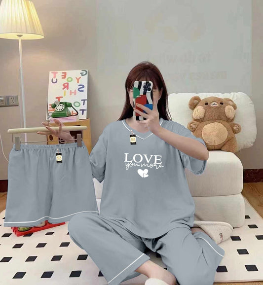 Three Queen grey 3-piece cami nightwear set for women with elegant white border details, soft and comfortable sleepwear.
